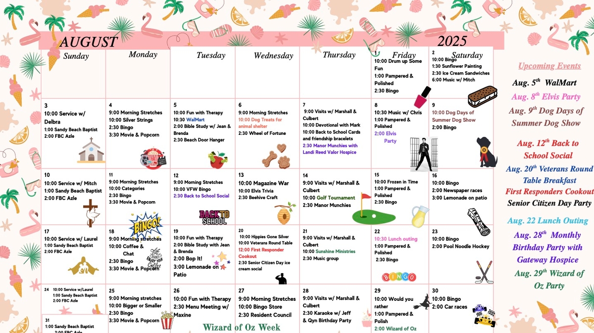 August 2025 Community Calendar at Azle Manor