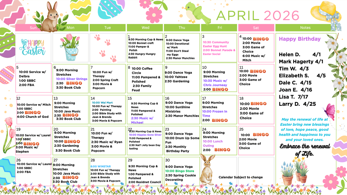 April 2026 Community Calendar at Azle Manor