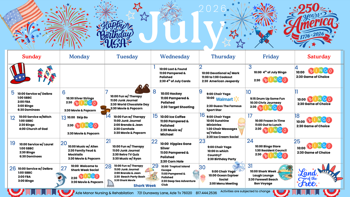 July 2026 Community Calendar at Azle Manor