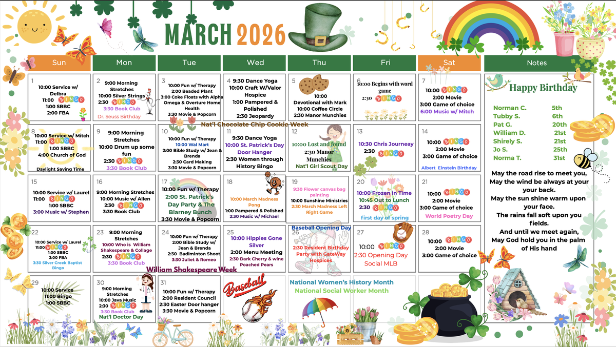 March 2026 Community Calendar at Azle Manor