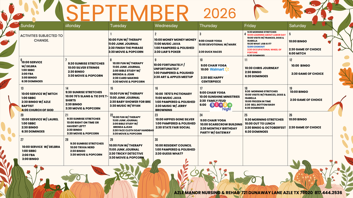 September 2026 Community Calendar at Azle Manor